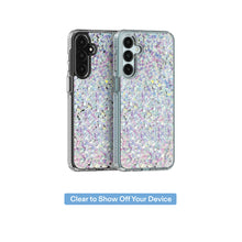 Iridescent glitter fleck phone case shown open with dual-layer camera protection