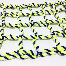 Braided climbing rope net toy in bright blue, yellow, and white loops