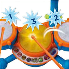 Close-up orange and blue drum set with yellow center drum and two side pads