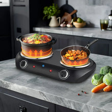 Black double electric cooktop with two heated coil burners and two cooking pans
