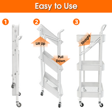 White foldable 3-tier utility cart shown in folded and extended positions with wheels.