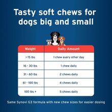 Hip & joint soft chews dosage chart with daily amounts by dog weight