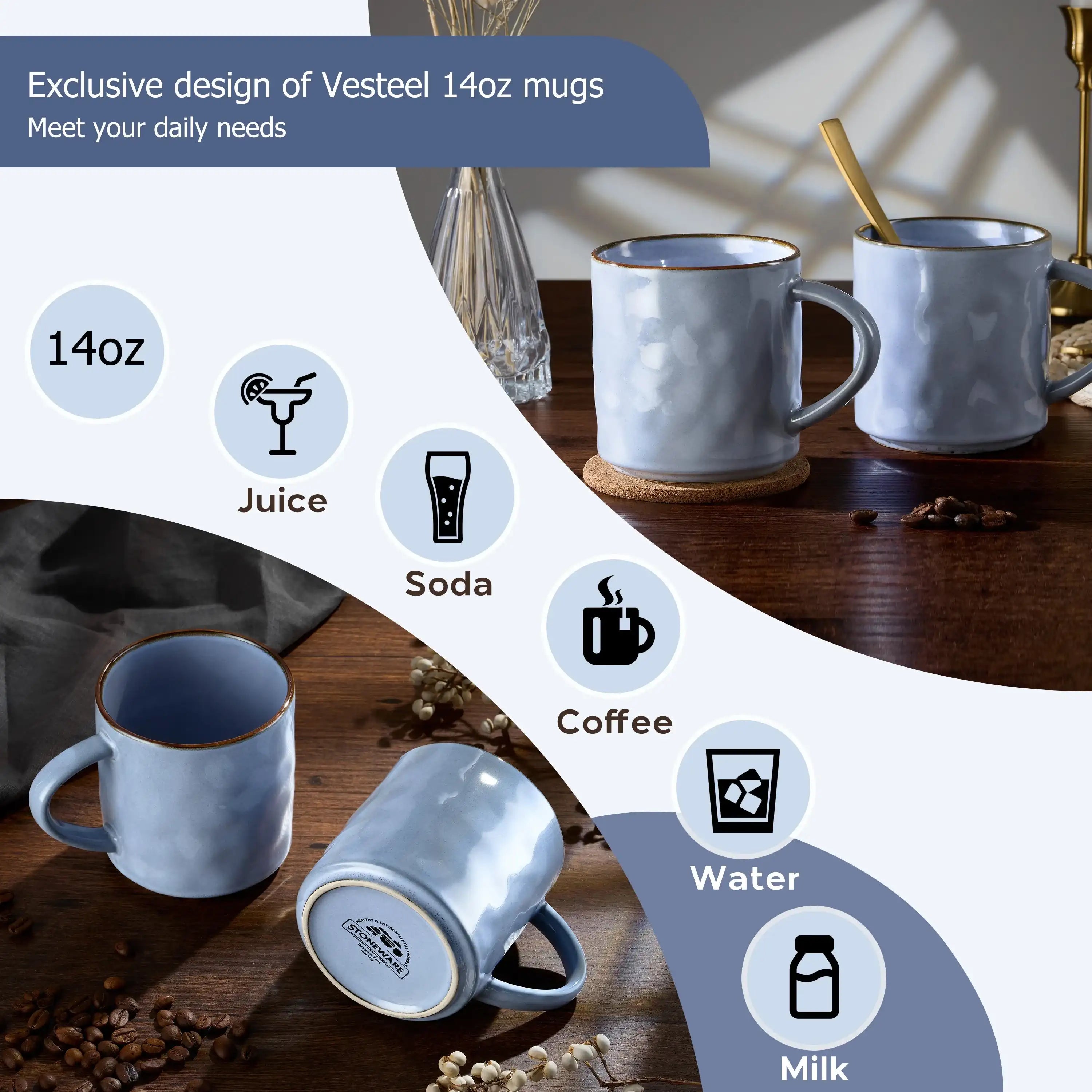 Vesteel Coffee Mug Set of 4, Ceramic Coffee Cups with Handles, 14oz Stoneware Mugs Set for Coffee Tea Milk, Wave Design Mug Gifts for Home Office Restaurant