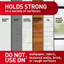 White adhesive wall hook with surface compatibility icons for multiple wall types