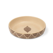 Stoneware low bowl, beige with leaf geometric pattern and wide rim