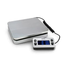 Digital shipping scale base with blue display and black cable, silver-gray platform