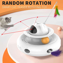 White rotating cat teaser toy with wand raised and purple feather attachment