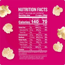 Kettle corn nutrition facts panel with serving sizes and calorie information
