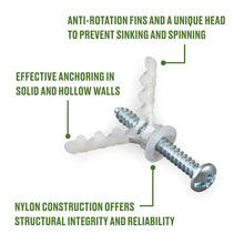Wall anchors with white nylon expanding plugs and blue steel screws