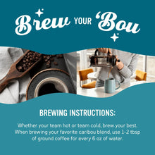Ground coffee brewing instructions with coffee beans and a pour-over setup