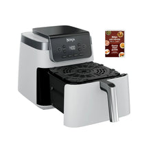 Ninja air fryer with open crisper basket and perforated plate, white base and black top
