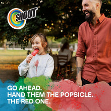 Shout stain-remover logo on promo card with red popsicle stain graphic
