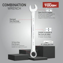 Combination wrench diagram showing open ends, offset box end, and size markings