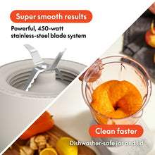 Countertop blender showing stainless-steel blades inside pitcher, with clean-fast jar design
