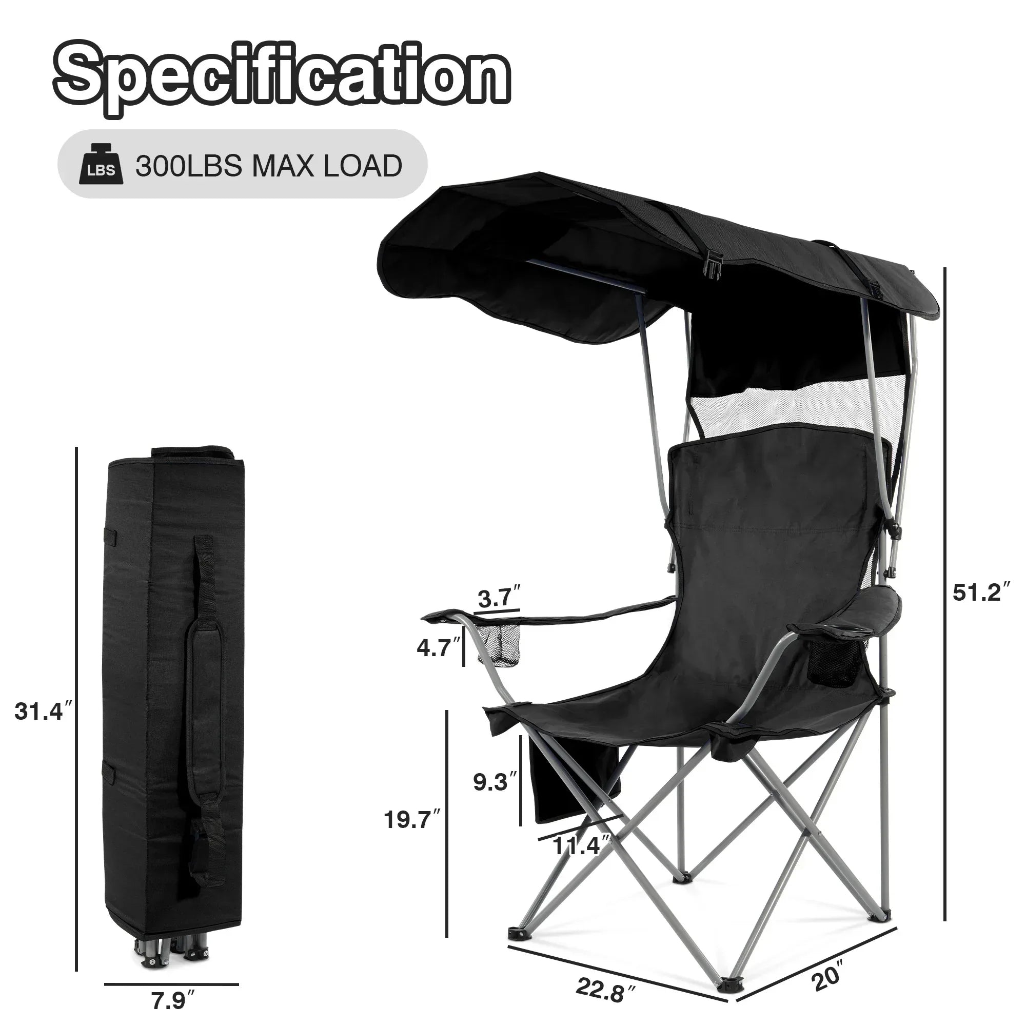FlexWave Folding Camp Chair，Portable Outdoor Chair，with Shade & Cup Holder，for Camping, Beach, Fishing, and Sports Events