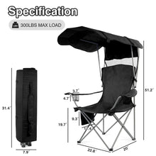 Black folding camp chair with shade canopy and front armrests; includes side cup holder