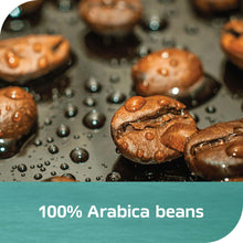 Coffee beans with water droplets, 100% Arabica beans text on a teal graphic
