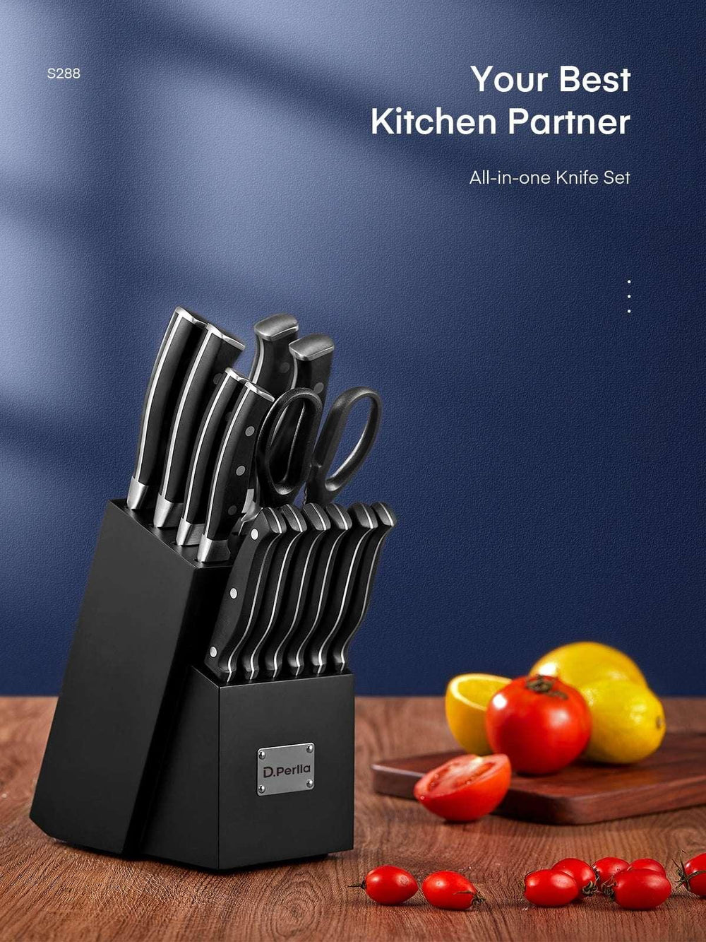 D.Perlla Knife Set, 14 Pcs Kitchen Knives Set with Built-in Sharpener, Stainless Steel Knife Set with Block - USA MEGA SHOP