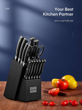 All-in-one kitchen knife set in a black block with knives ready for use