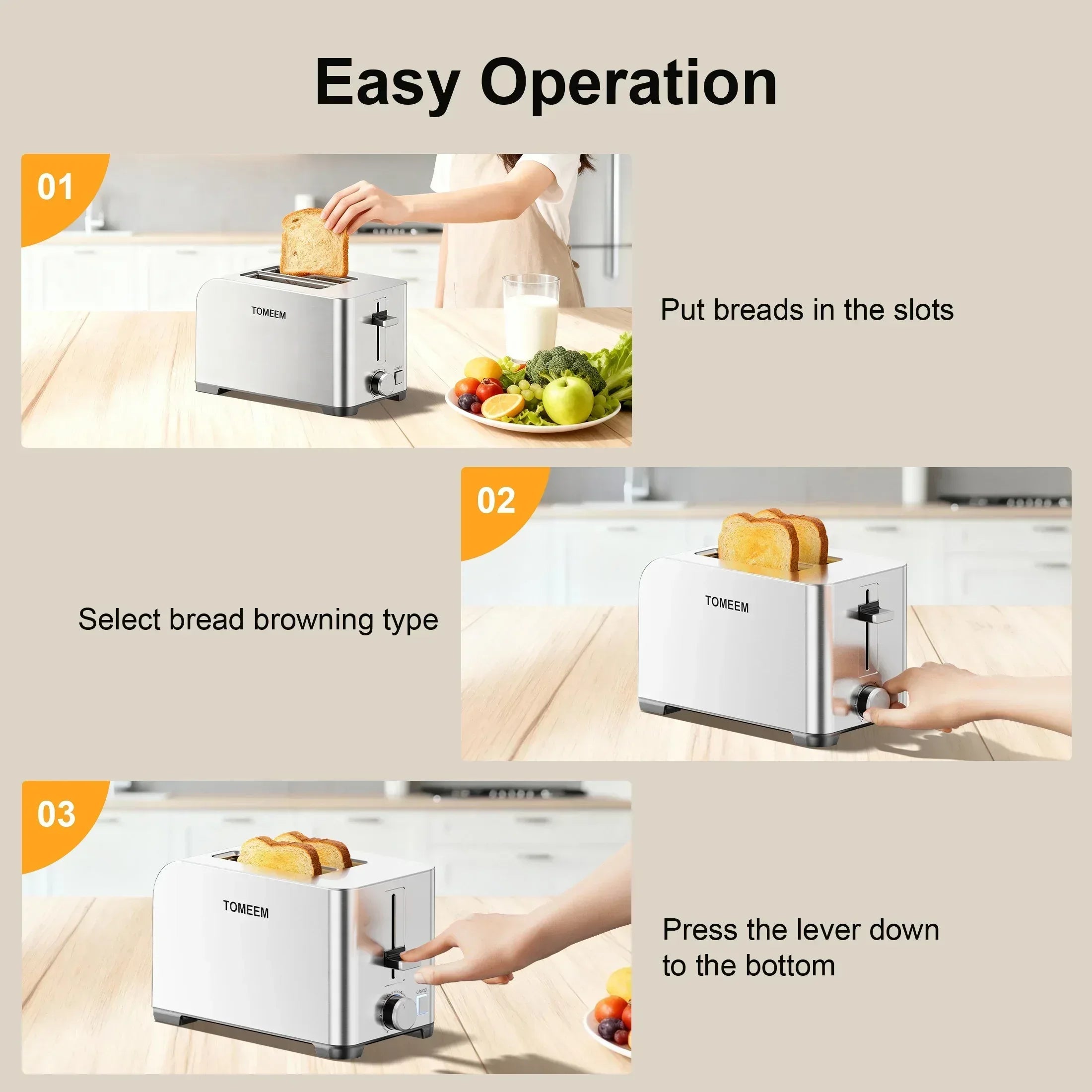 Tomeem 2-Slice Toaster with 6 Shade Settings, Removable Crumb Tray and Self-centering Guide, Stainless Steel
