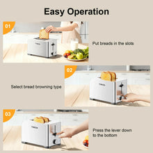 Stainless steel 2-slice toaster with lever pressed down while toasting bread slices