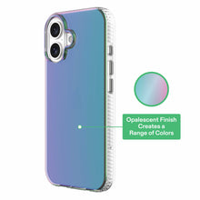 Opalescent phone case with teal-to-blue-to-pink gradient; visible side buttons and cutouts