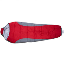 Red mummy sleeping bag with gray hood panels and tapered insulated body