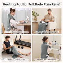 Gray heating pad wrap used seated and reclining, multi-position design