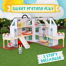 Three-story country dollhouse with open floors, front porch and white stairs