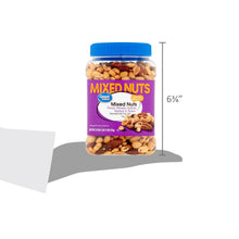 Mixed nuts jar with blue cap and purple label, displayed with height measurement