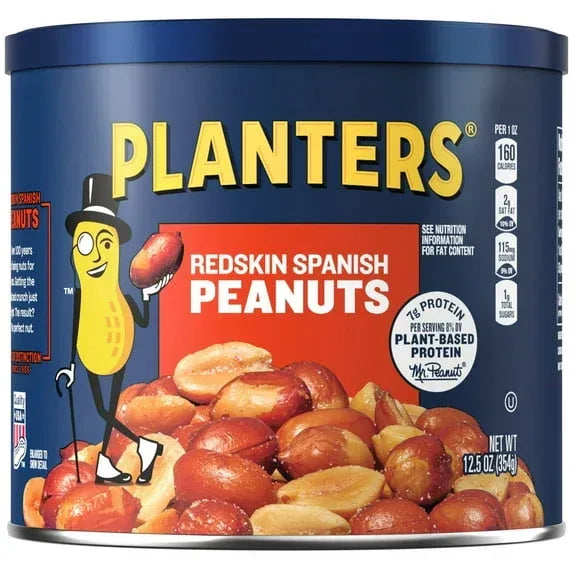 (6 pack) PLANTERS Redskin Spanish Peanuts, Roasted Salted Peanuts, Plant Based Protein, 12.5 oz Steel Can