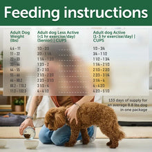 Feeding instructions chart for dry dog food with dog and bowl