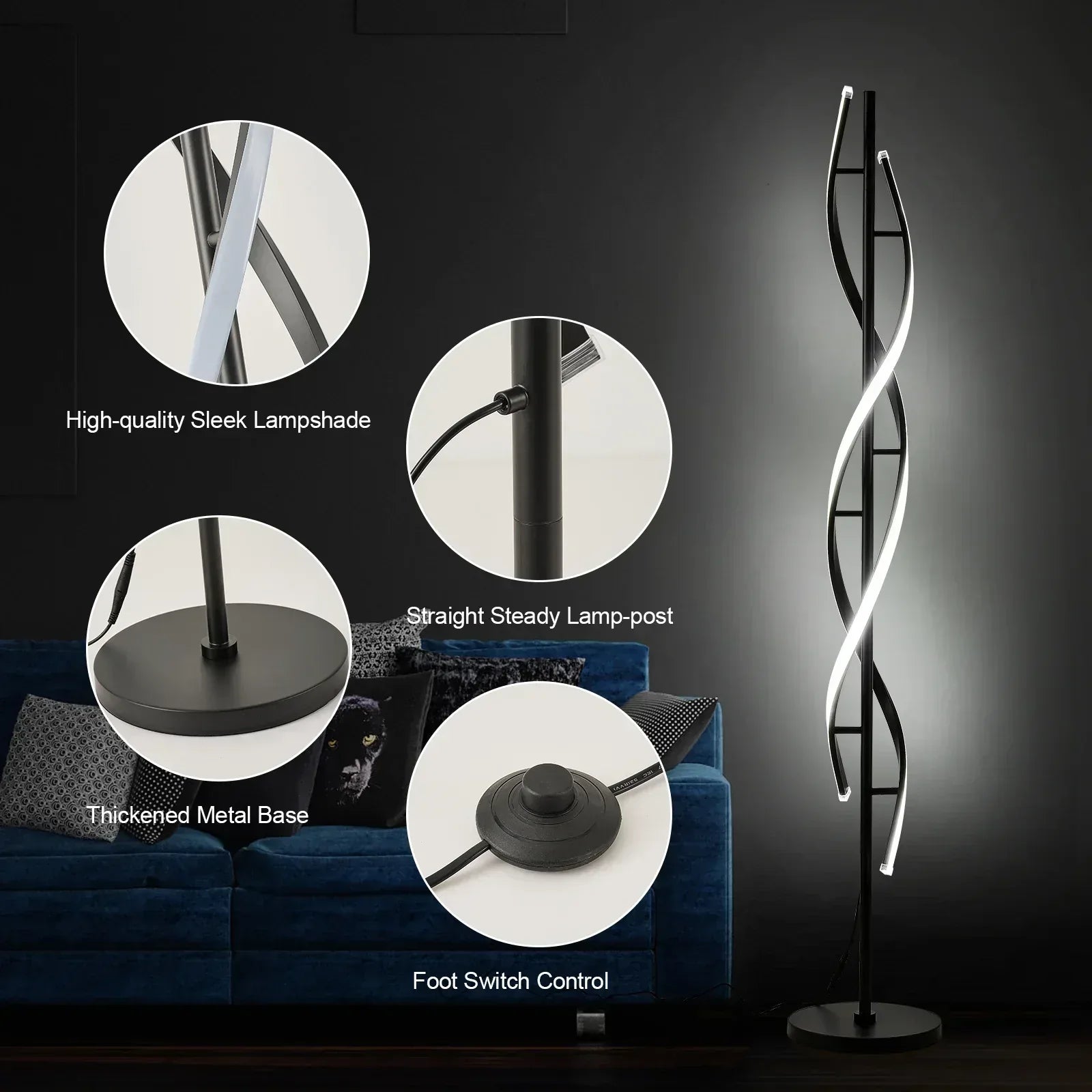 LED Spiral Floor Lamp 60 Inch Modern Floor Lamps Dimmable Black Standing Lamp 34W Contemporary Floor Lamps for Living Room Bedroom Kitchen Office - USA MEGA SHOP
