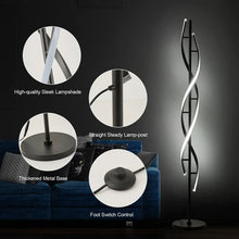 Modern spiral LED floor lamp with metal base and sleek lamp post, foot switch control