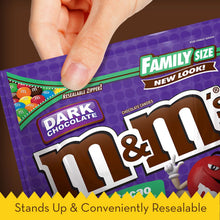 M&M's dark chocolate candy bag front with resealable zipper and stand-up design