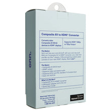 Composite AV to HDMI converter package back with specs and 'onn' logo