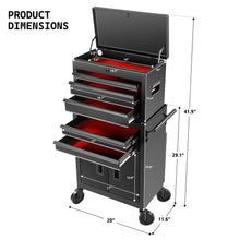 Black steel 5-drawer tool chest with labeled dimensions, cabinet doors, and rolling wheels.