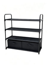 Black metal 4-shelf storage organizer with two fabric bins