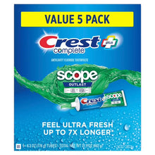 Toothpaste value pack, blue box with Scope Ultra tubes (5-pack).