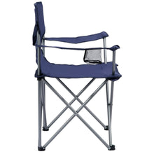 Folding camp chair side view with dark blue padded seat, armrests, and cup holder