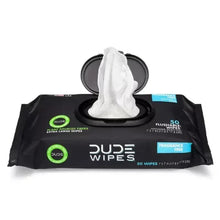 DUDE Wipes extra large flushable wipes pack with open lid and tissue wipes