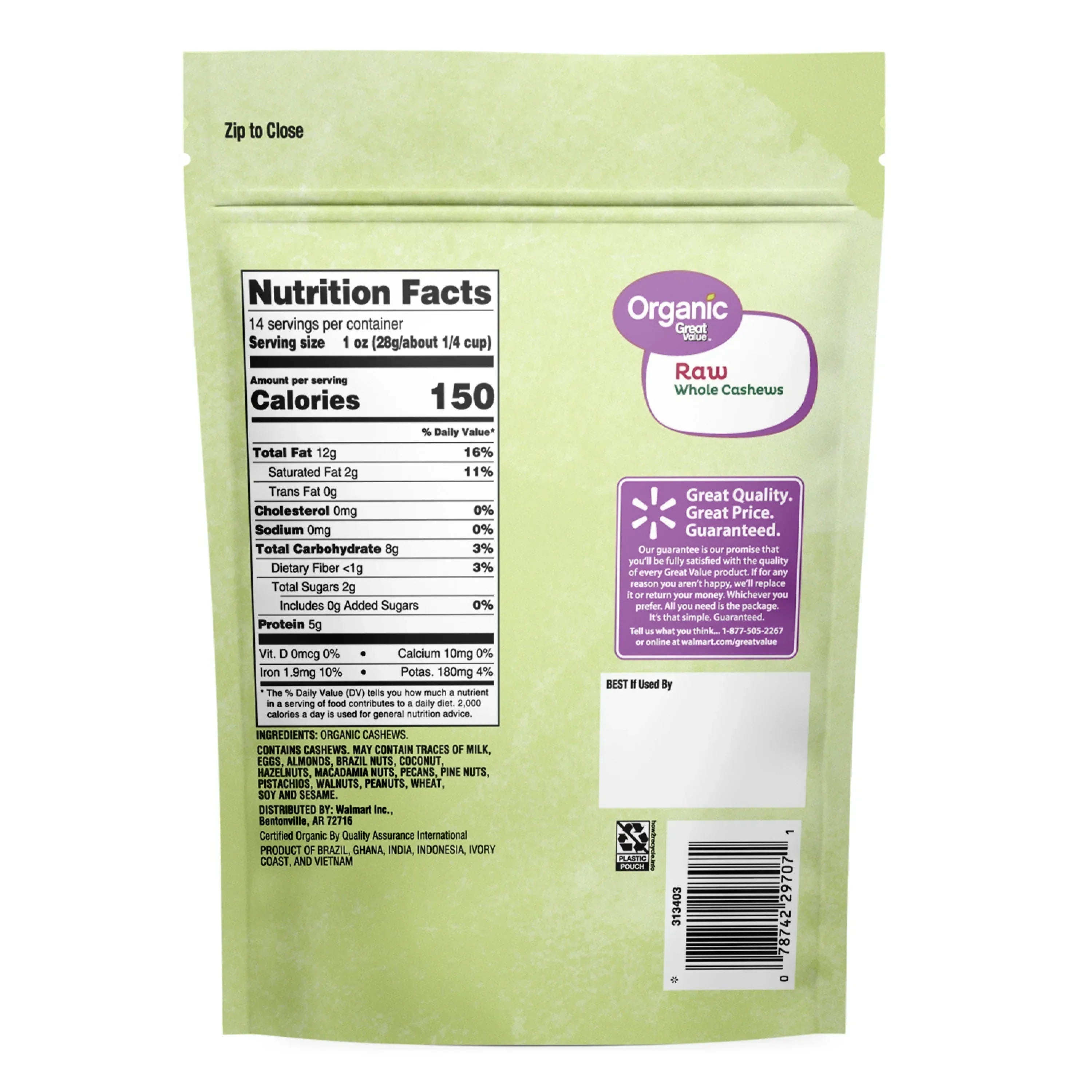 Great Value Organic Raw Whole Cashews, 14 oz