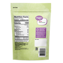 Back of organic raw whole cashews pouch with Nutrition Facts and barcode