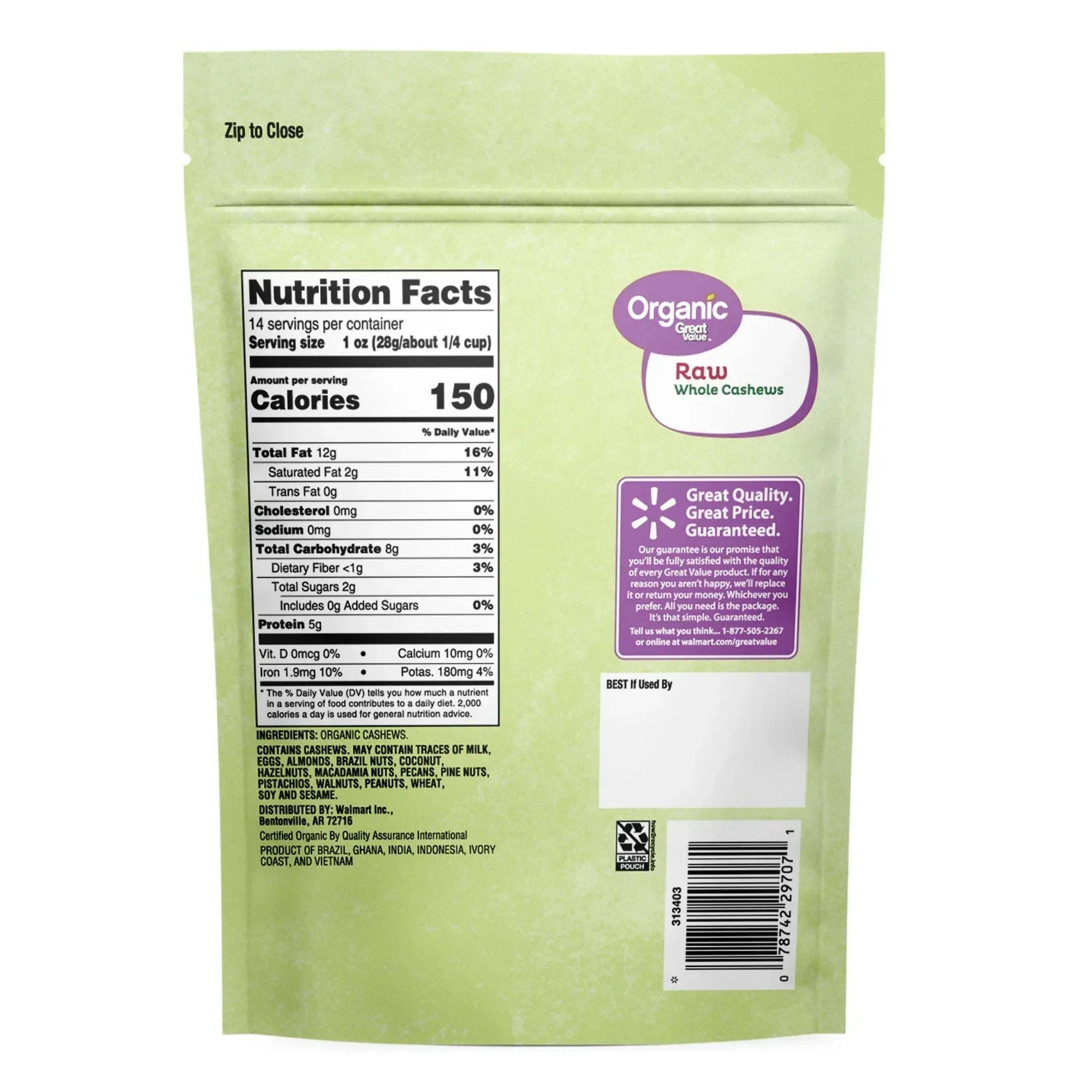 Great Value Organic Raw Whole Cashews, 14 oz