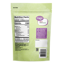 Back label on organic raw whole cashews pouch with barcode and nutrition panel