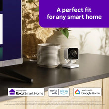 Roku indoor security camera on shelf with smart home compatibility icons