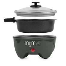 Electric noodle cooker with clear lid and dark nonstick pot, red power indicator