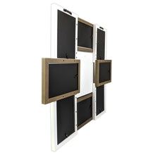 Collage photo frame back with hinged panels and multiple 4x6 openings in dark backing