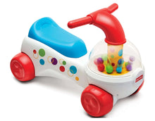 Children’s ride-on corn popper toy with blue seat and red handle, ball dome front
