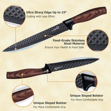 Chef and slicing knives closeup with dark textured blades and brown wood handles